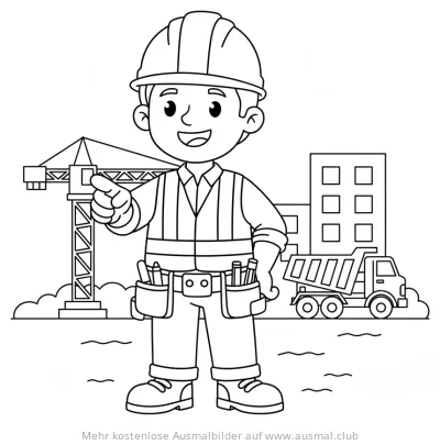 Freundlicher Bauarbeiter mit Baustellen-Hintergrund Ausmalbild