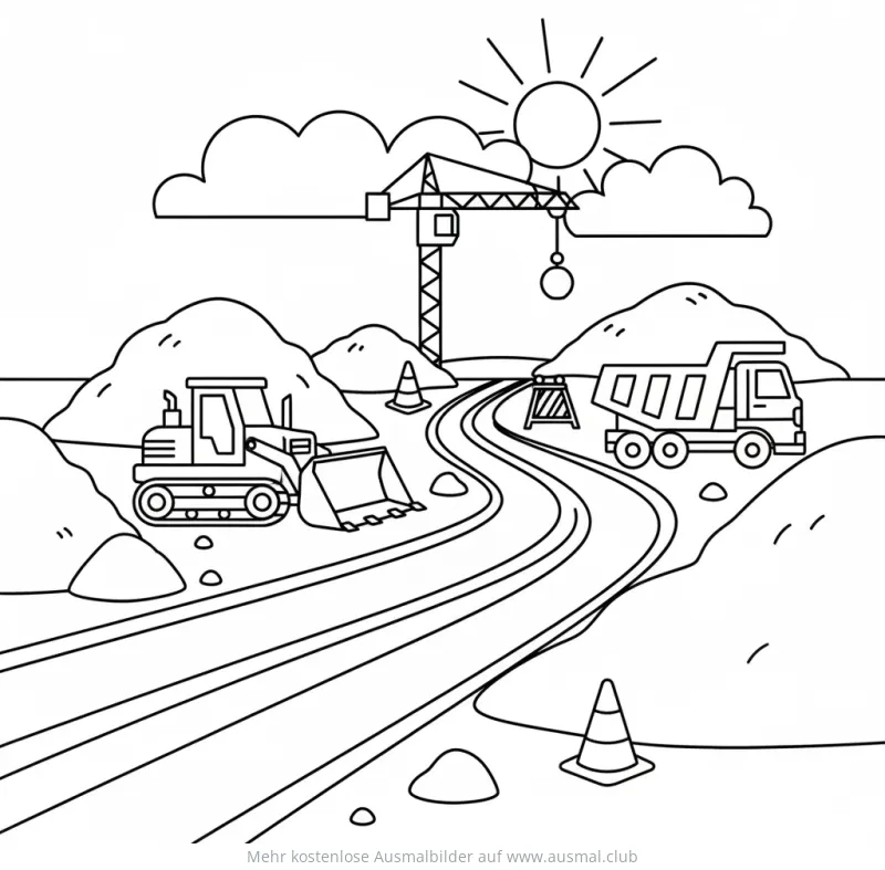 Straßenbau Ausmalbild mit Bagger, LKW und Kran