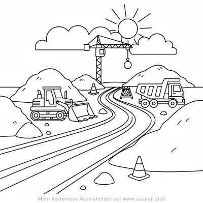 Straßenbau Ausmalbild mit Bagger, LKW und Kran