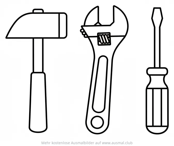 Werkzeugset Ausmalbild: Hammer, Schraubenschlüssel und Schraubendreher