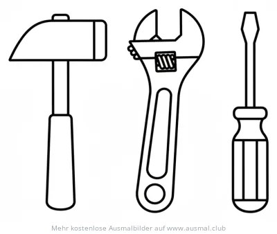 Werkzeugset Ausmalbild: Hammer, Schraubenschlüssel und Schraubendreher
