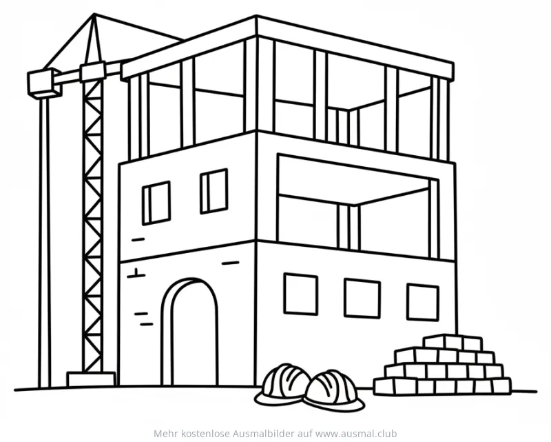 Rohbau Ausmalbild mit Kran, Ziegelsteinen und Bauarbeiterhelmen