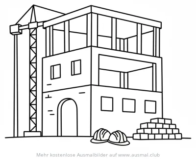 Rohbau Ausmalbild mit Kran, Ziegelsteinen und Bauarbeiterhelmen