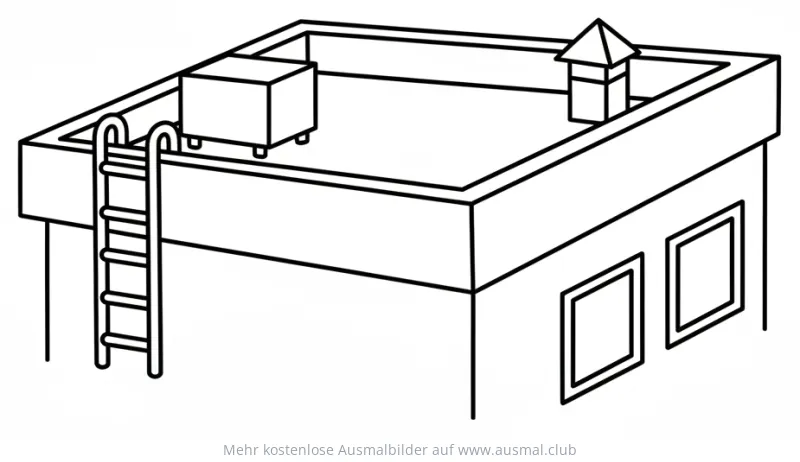 Flachdach Gebäude Ausmalbild mit Leiter und Aufbau