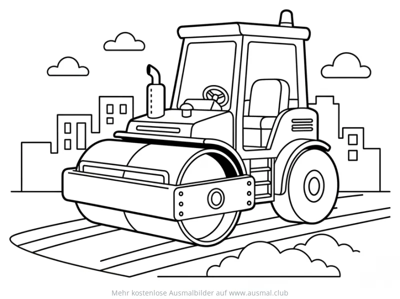 Asphaltwalze Ausmalbild vor Stadtkulisse
