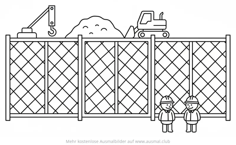 Bauarbeiter, Bagger und Kran hinter Bauzaun Ausmalbild
