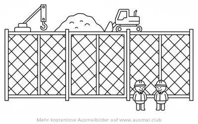 Bauarbeiter, Bagger und Kran hinter Bauzaun Ausmalbild