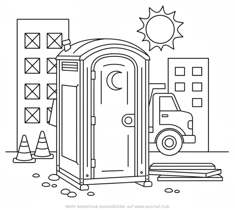 Baustellen-WC Ausmalbild mit LKW und Gebäuden im Hintergrund