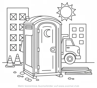 Baustellen-WC Ausmalbild mit LKW und Gebäuden im Hintergrund