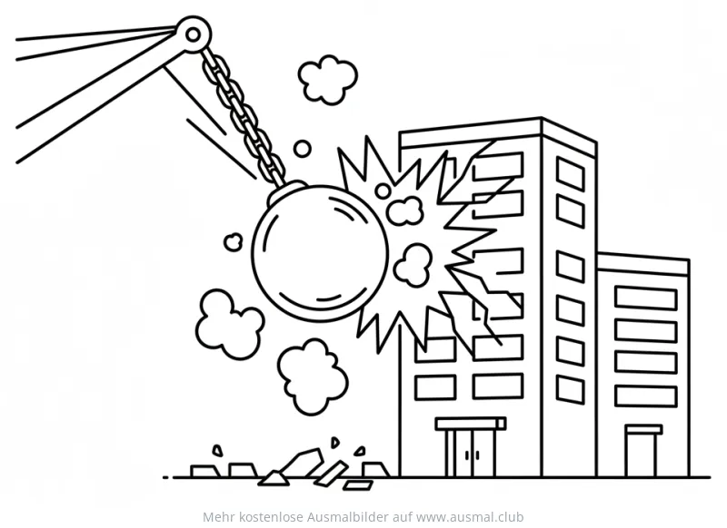 Abrissbirne trifft auf Gebäude Ausmalbild