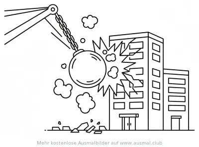 Abrissbirne trifft auf Gebäude Ausmalbild