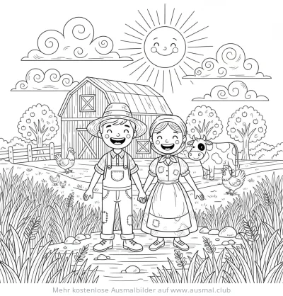 Bauernpaar vor Bauernhof mit Tieren Ausmalbild