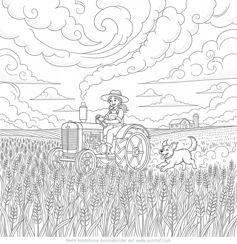 Bäuerin fährt Traktor durch Getreidefeld, begleitet von Hund Ausmalbild