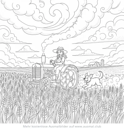 Bäuerin fährt Traktor durch Getreidefeld, begleitet von Hund Ausmalbild