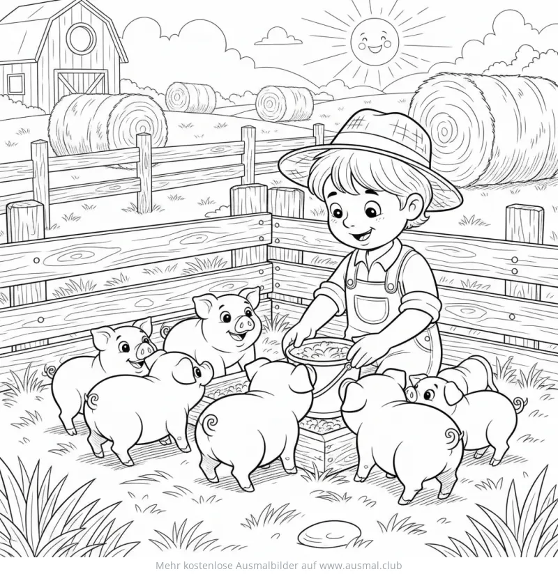 Bauer füttert Schweine im Schweinestall Ausmalbild