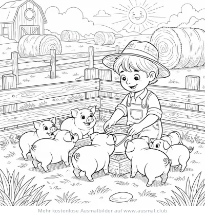 Bauer füttert Schweine im Schweinestall Ausmalbild