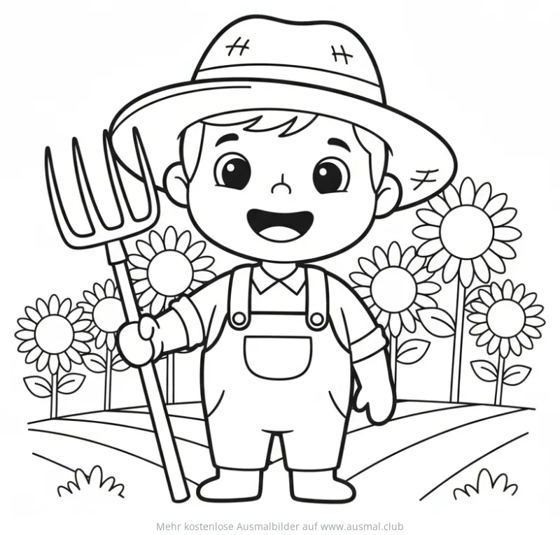 Freundlicher Bauer mit Heugabel und Sonnenblumen Ausmalbild