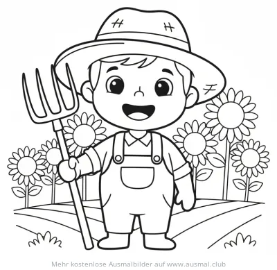 Freundlicher Bauer mit Heugabel und Sonnenblumen Ausmalbild