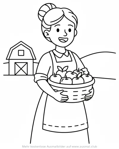 Bäuerin mit Apfelkorb vor Scheune Ausmalbild