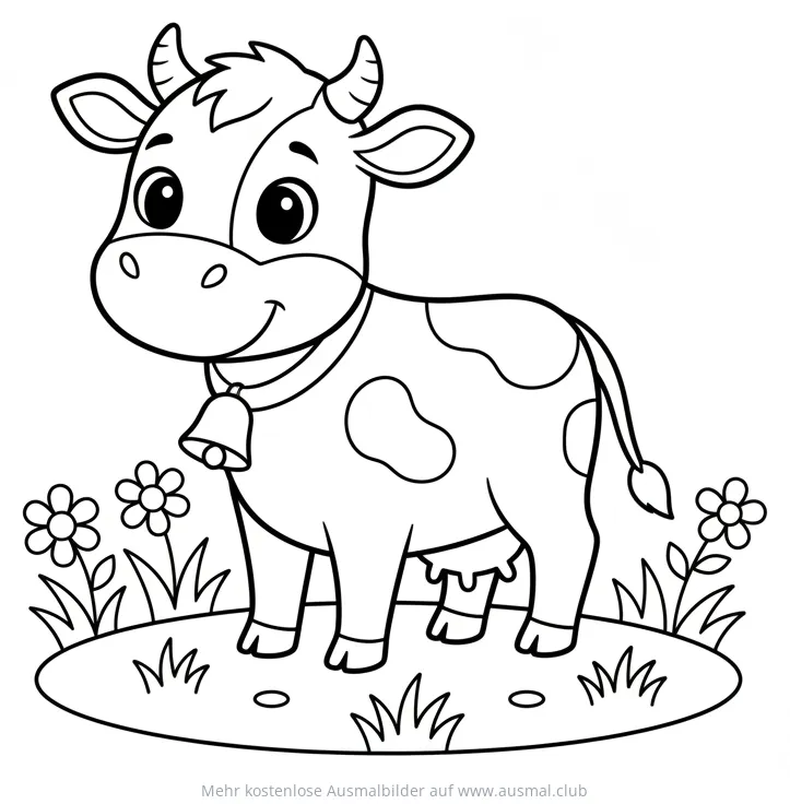 Freundliche Kuh mit Glocke auf Wiese Ausmalbild