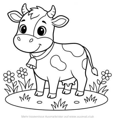 Freundliche Kuh mit Glocke auf Wiese Ausmalbild