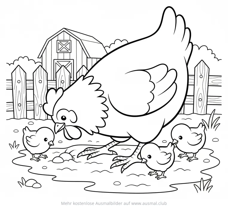 Henne mit Küken auf dem Bauernhof Ausmalbild