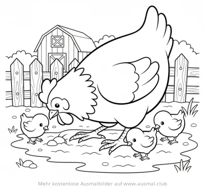 Henne mit Küken auf dem Bauernhof Ausmalbild