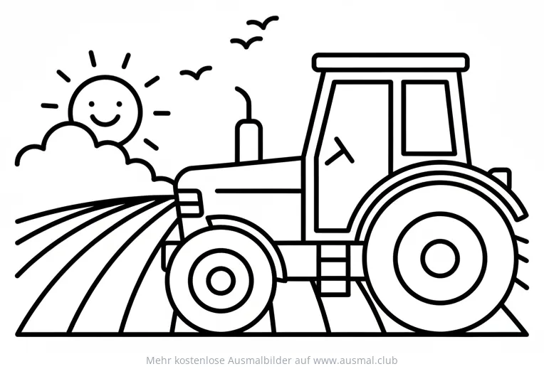 Traktor bei der Feldarbeit Ausmalbild mit Sonne und Vögeln