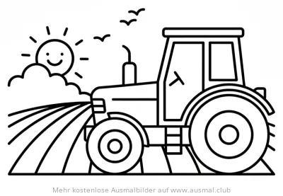 Traktor bei der Feldarbeit Ausmalbild mit Sonne und Vögeln
