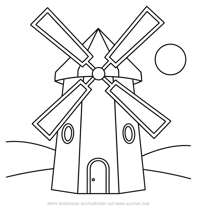 Windmühle Ausmalbild in Hügellandschaft mit Sonne
