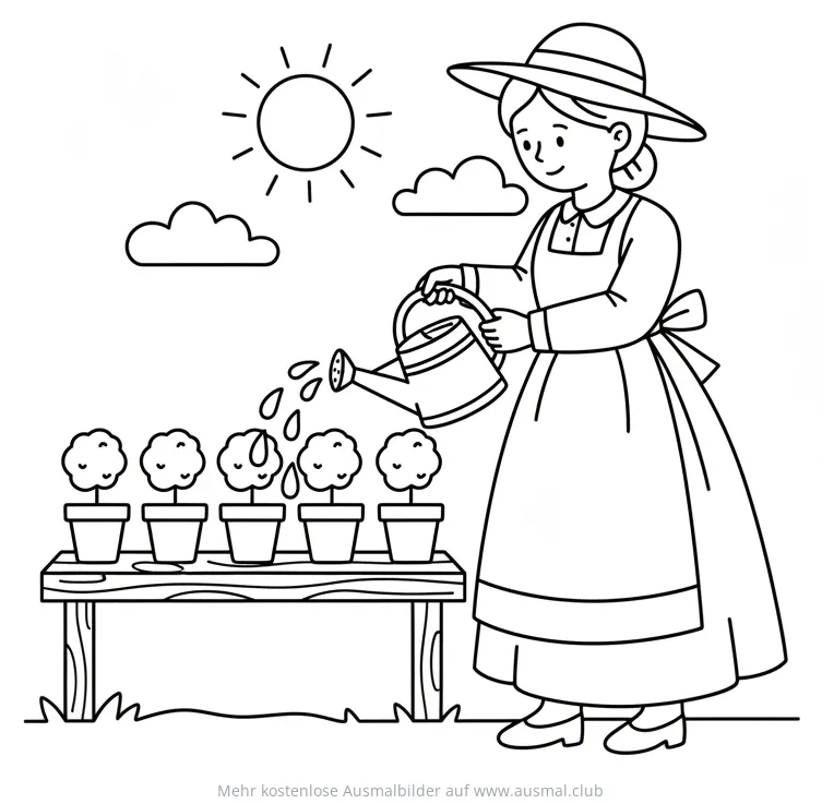 Bäuerin gießt Bäumchen Ausmalbild