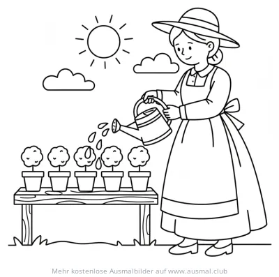 Bäuerin gießt Bäumchen Ausmalbild