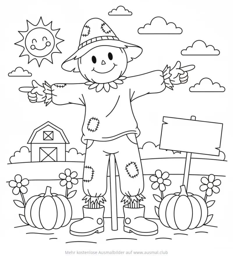 Vogelscheuche Ausmalbild im Garten mit Kürbissen und Scheune