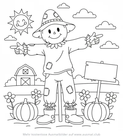Vogelscheuche Ausmalbild im Garten mit Kürbissen und Scheune