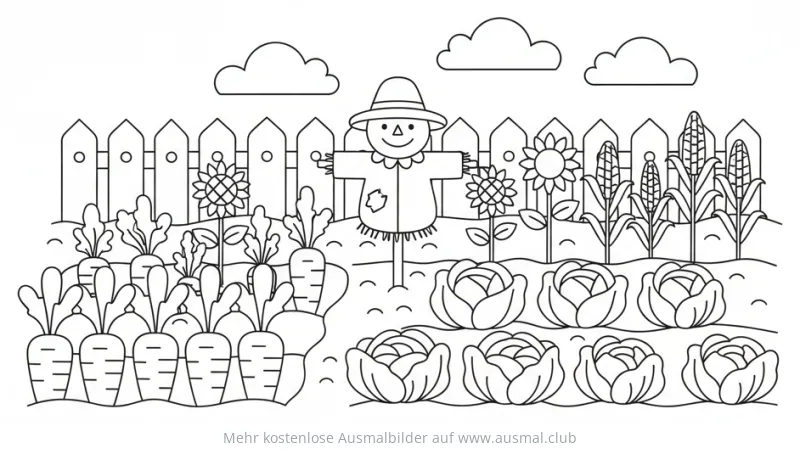 Gemüsegarten Ausmalbild mit Vogelscheuche