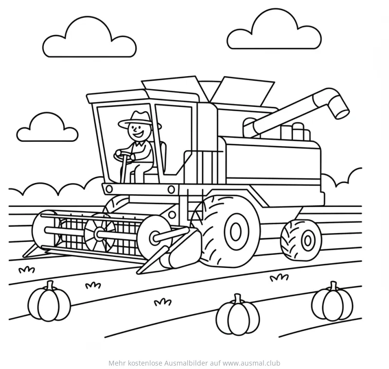 Mähdrescher Ausmalbild mit Bauer auf einem Feld mit Kürbissen