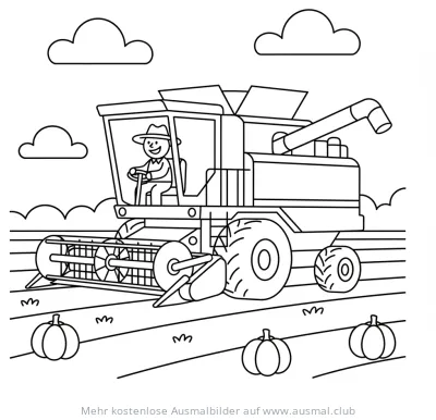 Mähdrescher Ausmalbild mit Bauer auf einem Feld mit Kürbissen