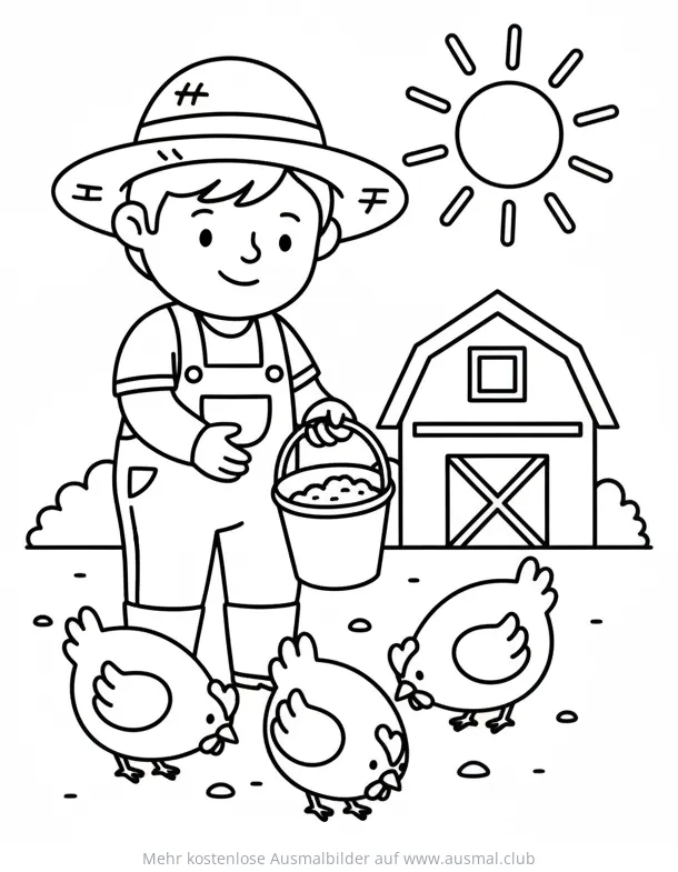 Bauer füttert Hühner Ausmalbild mit Scheune im Hintergrund