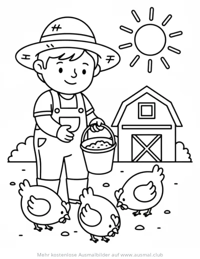 Bauer füttert Hühner Ausmalbild mit Scheune im Hintergrund