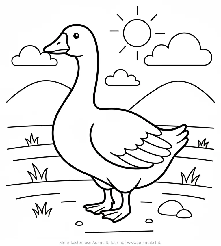 Gans auf Wiese Ausmalbild mit Bergen und Sonne