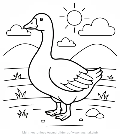 Gans auf Wiese Ausmalbild mit Bergen und Sonne