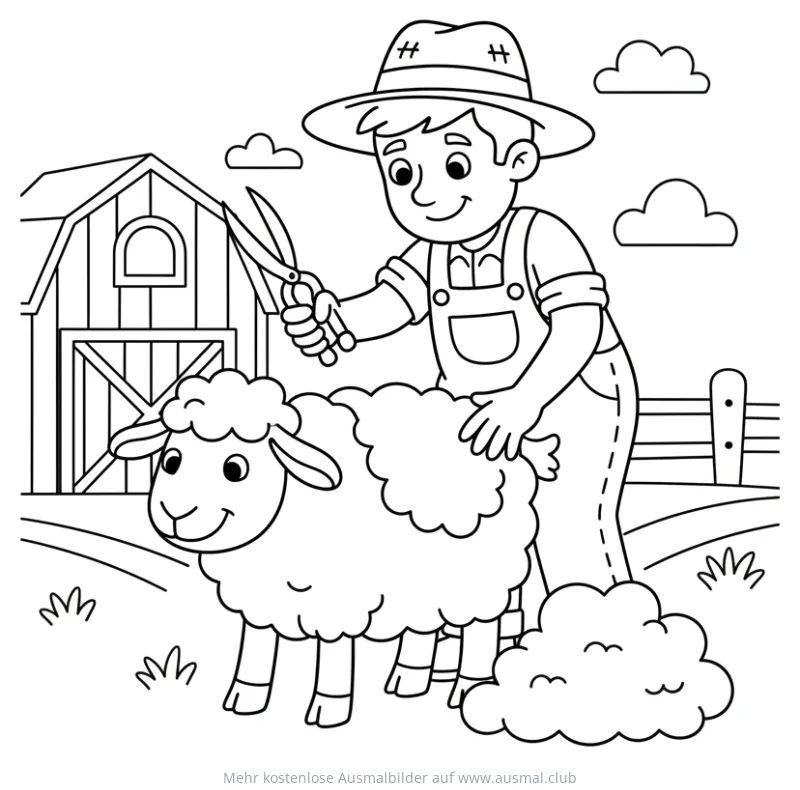Bauer schert Schaf Ausmalbild vor Scheune