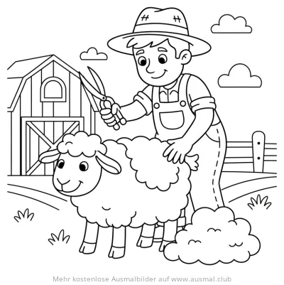 Bauer schert Schaf Ausmalbild vor Scheune