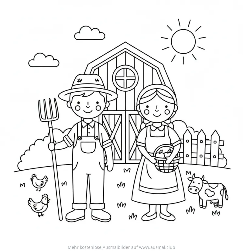 Bauer und Bäuerin mit Tieren vor Scheune Ausmalbild