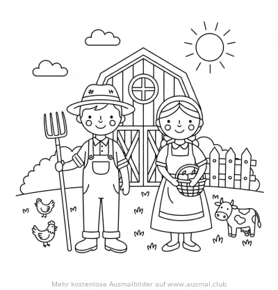 Bauer und Bäuerin mit Tieren vor Scheune Ausmalbild