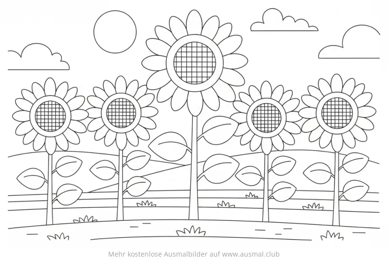 Sonnenblumen Ausmalbild mit Sonne und Wolken
