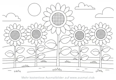 Sonnenblumen Ausmalbild mit Sonne und Wolken