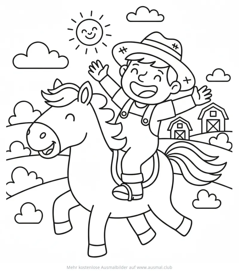 Reitender Bauer auf Pferd Ausmalbild mit Bauernhof im Hintergrund
