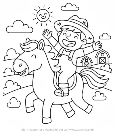 Reitender Bauer auf Pferd Ausmalbild mit Bauernhof im Hintergrund