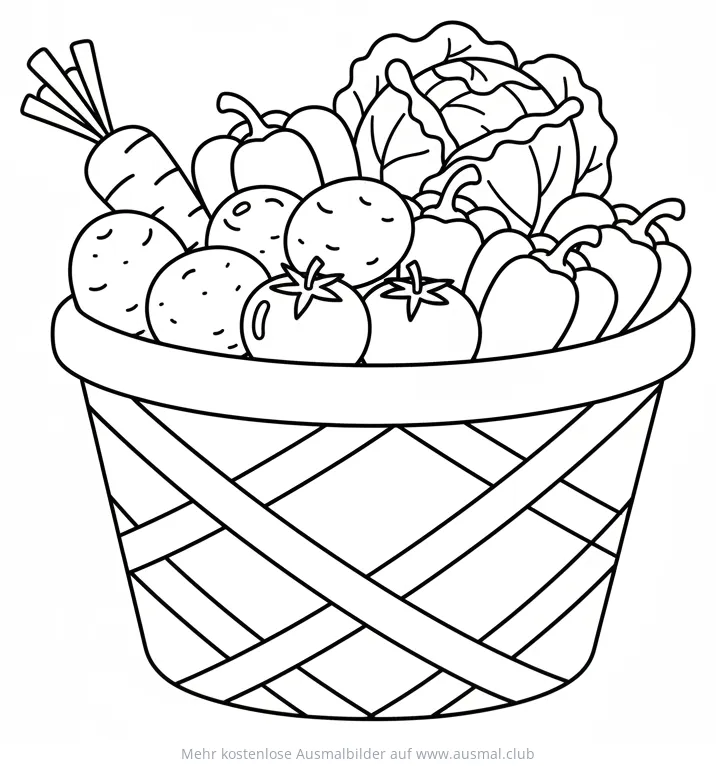 Gemüsekorb Ausmalbild mit Karotten, Paprika, Kartoffeln, Tomaten und Kohl